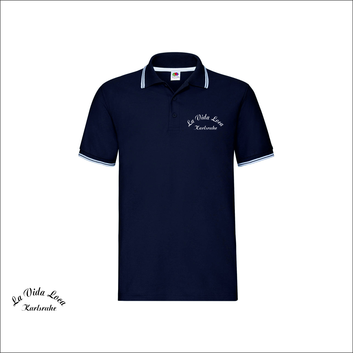 Besticktes Polo-Shirt "La Vida Loca Karlsruhe" Schriftzug, navy/weiß