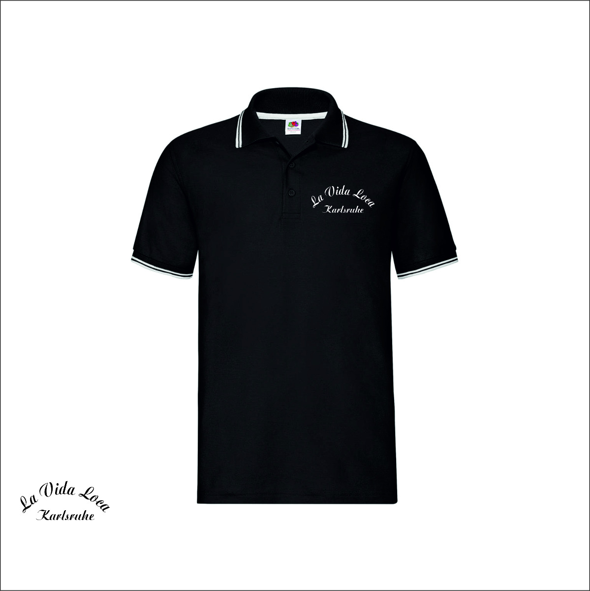 Besticktes Polo-Shirt "La Vida Loca Karlsruhe" Schriftzug, schwarz/weiß